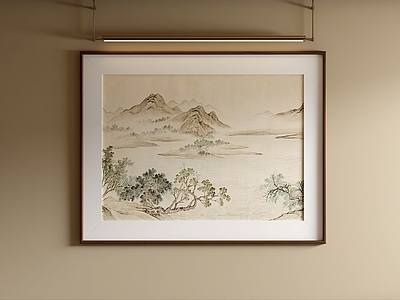 新中式山水画 侘寂山水装饰画 宋式山水国画 国风古画山水 复古湖景国画