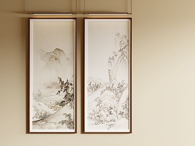 中古风山水画 侘寂山水套组 禅意双条山水画 水墨山装饰画 山水双联装饰画