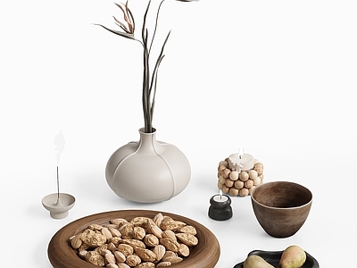 侘寂摆件组合 陶瓷花瓶干枝花艺 坚果果盘托盘 餐桌餐边柜摆件 烛台香薰蜡烛 自然风软装装饰品