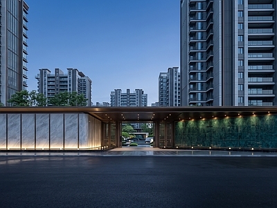 新中式景观小区景观 现代小区主入口 住宅社区门楼 现代简约 大理石景墙 轻奢地产