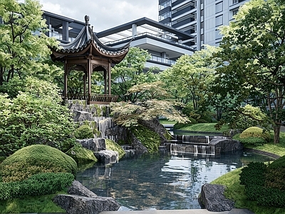 亭子 木构仿古六角亭 中式景亭跌水水景 中式叠石流水水景