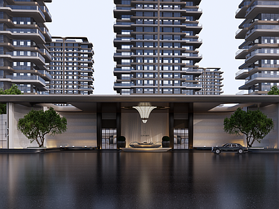 现代小区景观 豪宅小区入口 示范区前场景观 酒店式落客区