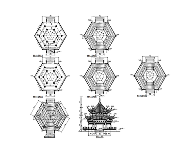 仿古建筑 7个古建筑 古建筑 六角亭 八角亭 古风长廊