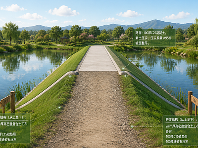 其他乡村景观 池塘护坡塘埂路 乡村池塘道路 池塘护坡