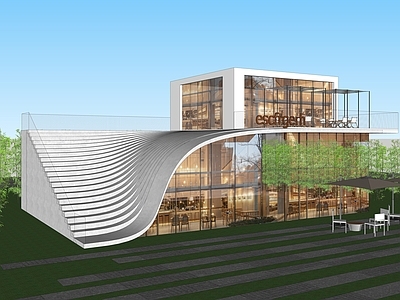 现代主义餐饮建筑 小型商业建筑 二层建筑体量 曲线楼梯建筑设计 小型咖啡厅