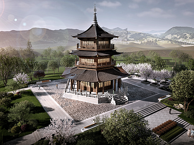 中式古建古建筑 古建筑 鼓楼 六角中式塔楼 中式古建筑