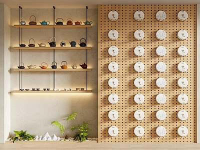 新中式茶叶店 茶饼展示墙 新中式茶室背景墙 茶具置物架 禅意茶空间墙面