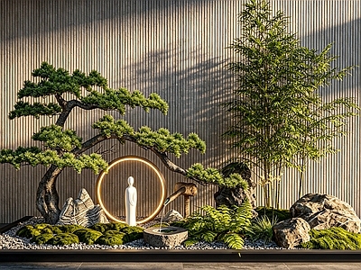 新中式景观室内景观 室内景观造景 中式庭院景观小品 室内禅意景观 假山石头 日式景观小品