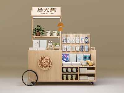 原木风移动文创展示架 商可推摊位展示架 文具杯子展示推车 文创展示手推车 可推式文创展示柜