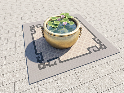 中式水生植物 庭院水景小品 仿古铜质水缸 庭院景观造景小品