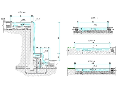 景墙附水 水幕池体剖面 水幕管线构造 溢水节点大样 水幕高程示意
