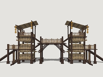 中式古建古建筑 竹廊架 观景廊架 灯笼架 古风廊架
