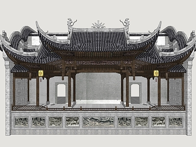 中式古建古建筑 古戏台 古风戏台 乡村戏台