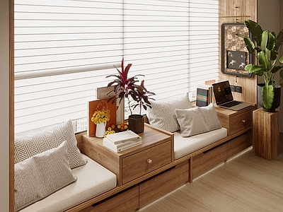 原木风门窗大样 飘窗 飘窗柜 坐垫 飘窗垫 绿植盆栽