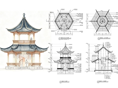 公园休憩廊亭 景观凉亭 中式亭 六角亭 双层亭 重檐六角亭