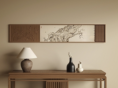 新中式挂画组合 国风木艺横版挂画 格栅木雕长条画 茶室长条挂画