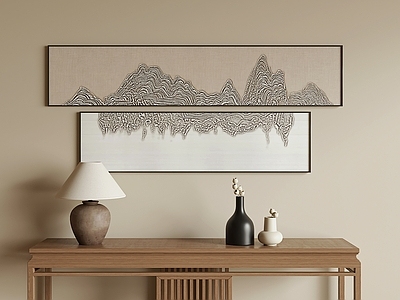 新中式挂画组合 侘寂床头装饰画 卧室横版肌理挂画 禅意层叠山水长画