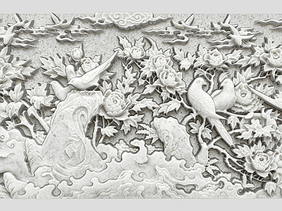 中式浮雕 花开富贵 牡丹杜鹃花鸟 祥云山水 雕花浮雕 雕刻
