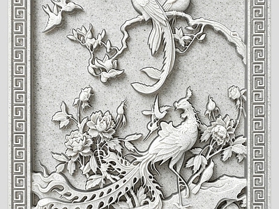中式浮雕 牡丹花鸟 回字纹图框 雕花 浮雕 雕刻