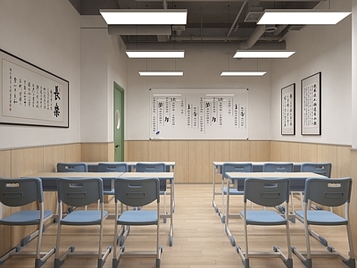 现代简约教室 现代书法教室 现代教室 课桌椅 白板 字画