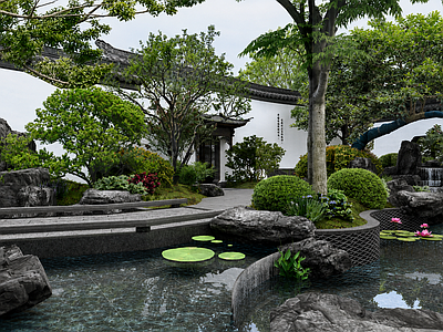 跌水景观 中式跌水水景庭院 中式假山跌水水景 中式流水景石景墙 中式月洞门景墙 景观桥折桥中式