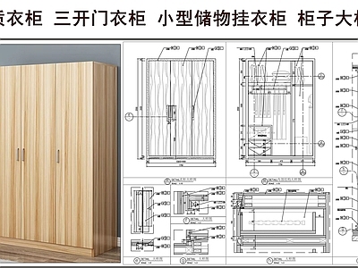 综合家具节点 木质衣柜 三开门衣柜 小型储物挂衣柜 柜子大样图