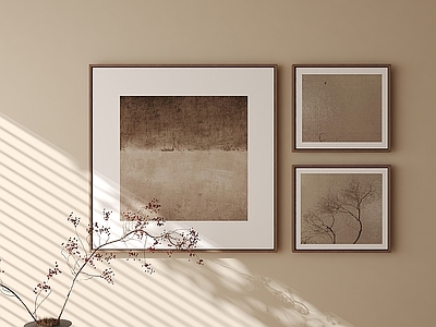 侘寂组合画 中古风组合画 原木框肌理挂画 大地色抽象挂画