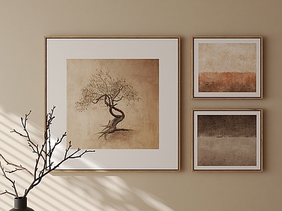 侘寂组合画 复古肌理三联画 大地色肌理挂画 原木框复古挂画