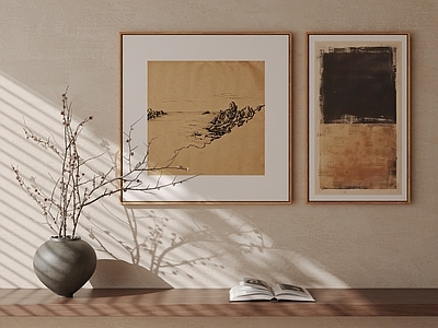 侘寂挂画组合 中古线描装饰画 大地色复古画 复古肌理装饰画