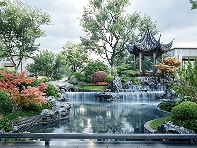 跌水景观 中式跌水六角景亭 中式置石景观湖 中式石拱桥平折桥 中式假山跌水 水景流水景石中式