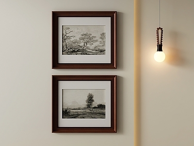 中古风挂画 手绘郊野组合画 素描古树双联画 方形林间双联画