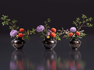 中式花瓶 2D现代轻奢花艺 现代侘寂花瓶花艺 法式复古花艺 高级感花艺 软装摆件