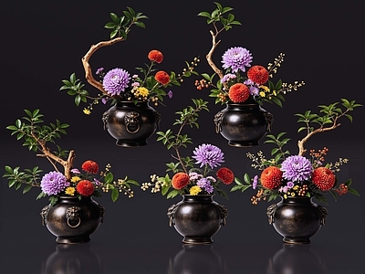 中式花瓶 2D现代轻奢花艺 现代侘寂花瓶花艺 法式复古花艺 高级感花艺 软装摆件