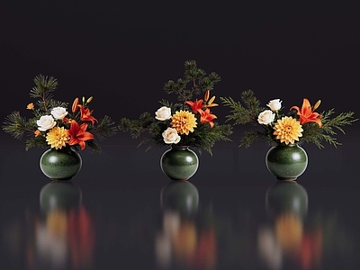 中式花瓶 2D现代轻奢花艺 现代侘寂花瓶花艺 法式复古花艺 高级感花艺 软装摆件