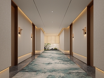 新中式酒店走廊 走廊 景观 中式 酒店 壁灯