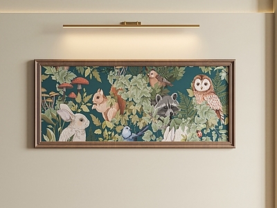 中古风儿童挂画 美式复古壁画 丛林动物插画 猫头鹰松鼠挂画 儿童房装饰画 复古棕框挂画