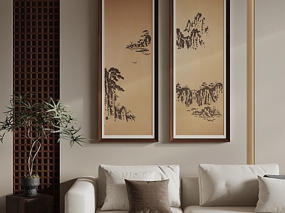 新中式山水画 赭墨山水双联挂画 中式山水条屏 宋风山水对画