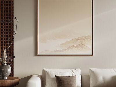 新中式山水画 侘寂云雾山景 禅意烟山挂画 浅赭云山方挂画