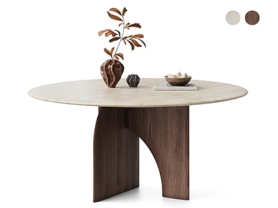 中古风餐桌 Gallotti 中古风圆形餐桌 圆桌餐厅 洞石实木餐桌 花瓶餐桌摆件