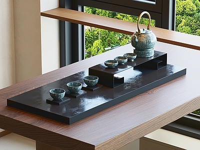 新中式茶具 茶具套装 茶盘 茶壶 茶杯 木桌