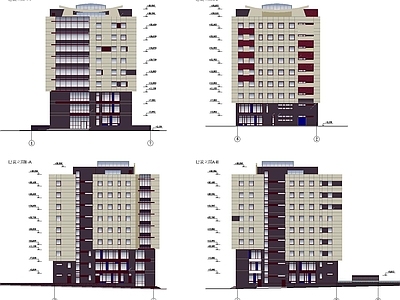 办公楼建筑 高层办公立面 办公建筑多向立面 办公楼外立面 办公外墙立面图纸