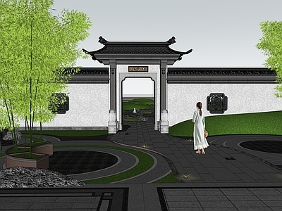 新中式景观入口大门 中式景墙 新中式庭院 中式园林入口 中式轴线 中式登高面