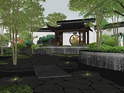 新中式景观亭子 中式景观亭 月亮门景墙 中式庭院水景 新中式示范区
