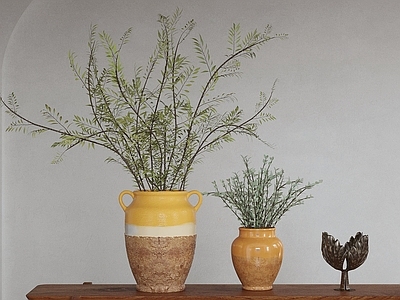 侘寂花艺 黄色花瓶 植物装饰 陶瓷摆件 桌面陈列 枝叶植物