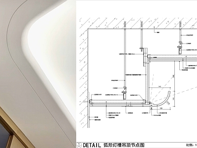 GRG吊顶节点 弧形灯槽吊顶节点 GRG灯槽节点 小圆弧反光灯槽 吊顶灯槽大样图