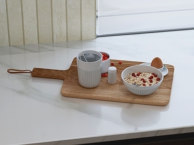 现代简约厨房用品 木制托盘 早餐碗 茶杯 红莓 鸡蛋