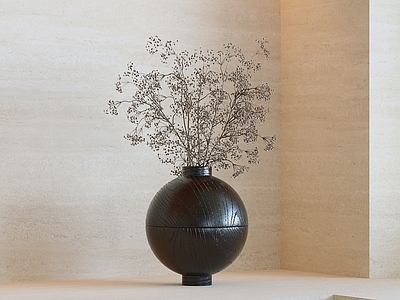 侘寂花艺 黑色花瓶 球形花瓶 干花插花 木质纹理 室内装饰