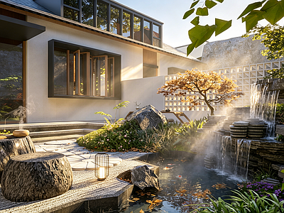 新中式景观别墅庭院 山野民宿庭院 景观庭院 中式庭院