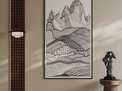 新中式山水画 原木风茶室山绘 侘寂玄关素描挂画 客厅几何山挂画