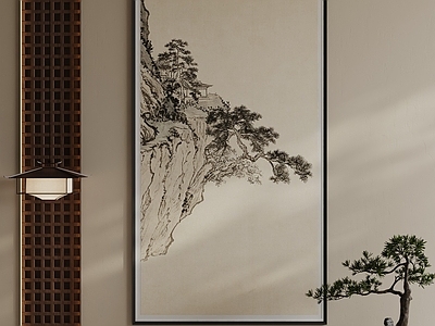 新中式山水画 原木风茶室山画 侘寂玄关山水挂画 水墨书房装饰画